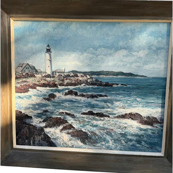 Vintage Framed Oil on Canvas Painting Portland Head Lighthouse, Maine Signed - Picture 2 of 16